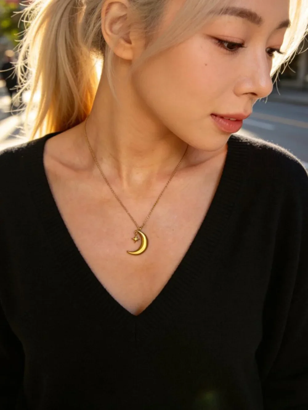 Gold Crescent Moon Star Pendant Stainless Steel - Picture 10 of 13